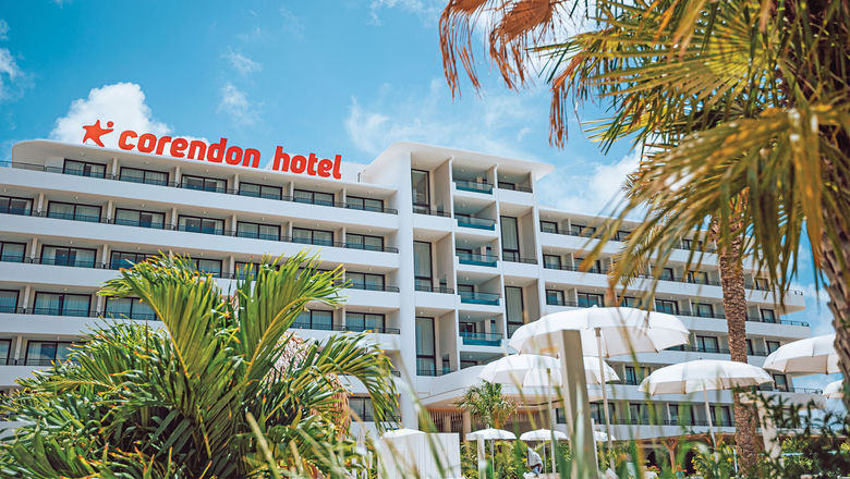 The exterior of the 299-room Mangrove Beach Corendon Curacao All-Inclusive Resort, Curio by Hilton, located along Curacao west coast.