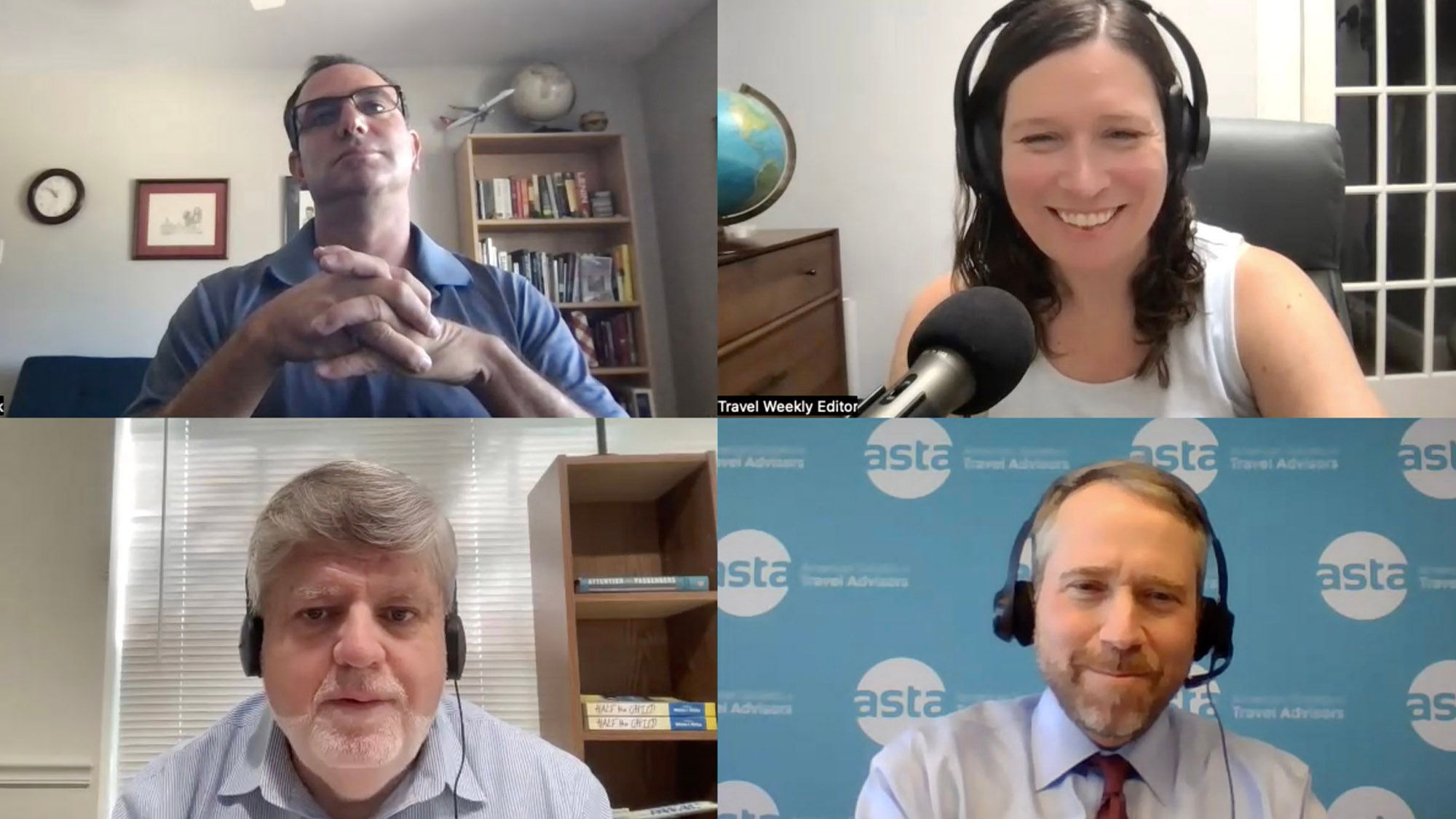 Clockwise from top left: Robert Silk and Rebecca Tobin of Travel Weekly, Eben Peck of ASTA and Bill McGee of the American Economic Liberties Project discussing new DOT rulemaking proposals on airline refunds, fare disclosures and more.