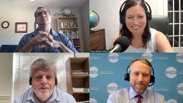 Clockwise from top left: Robert Silk and Rebecca Tobin of Travel Weekly, Eben Peck of ASTA and Bill McGee of the American Economic Liberties Project discussing new DOT rulemaking proposals on airline refunds, fare disclosures and more. Clockwise from top left: Robert Silk and Rebecca Tobin of Travel Weekly, Eben Peck of ASTA and Bill McGee of the American Economic Liberties Project discussing new DOT rulemaking proposals on airline refunds, fare disclosures and more.