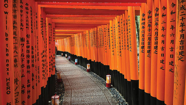 A torii path at Fushimi Inari Taisha Shinto shrine in Kyoto.