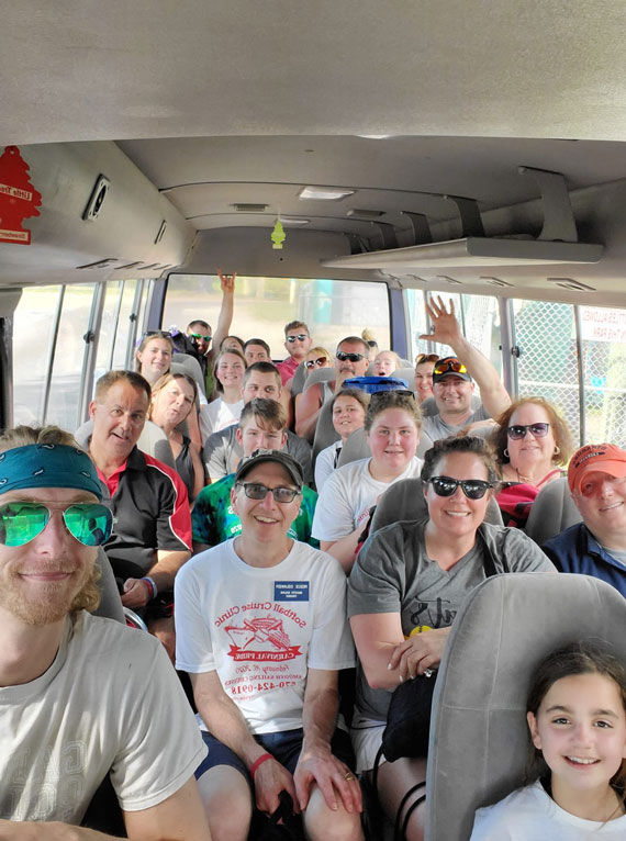 Reece Oslinker (center, in white T-shirt), owner of Smooth Sailing Cruises in Stroudsburg, Pa., during the 2020 Softball Cruise Clinic.