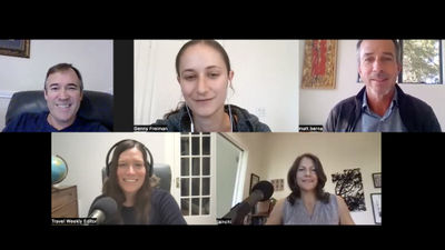 A Folo by Travel Weekly episode on accessible travel, clockwise from top left: John Sage, the founder of Sage Traveling; Genny Freiman, the project manager for the Disability Opportunity Fund; Matt Berna of Intrepid Travel; news editor Johanna Jainchill and host Rebecca Tobin.