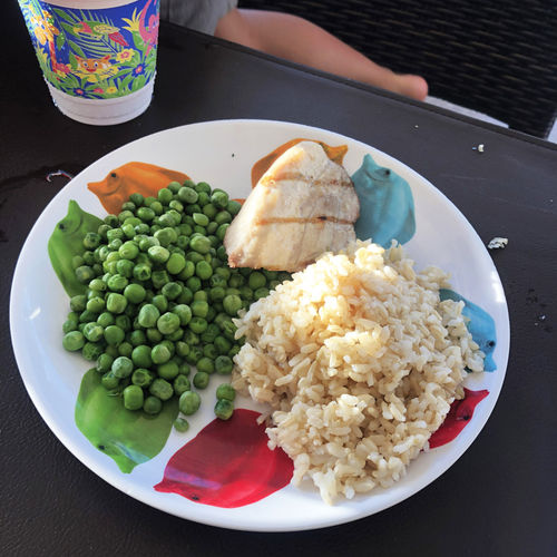 Grilled fish, peas and rice available as part of the resort's "keiki menu" offerings. Grilled fish, peas and rice available as part of the resort's "keiki menu" offerings.
