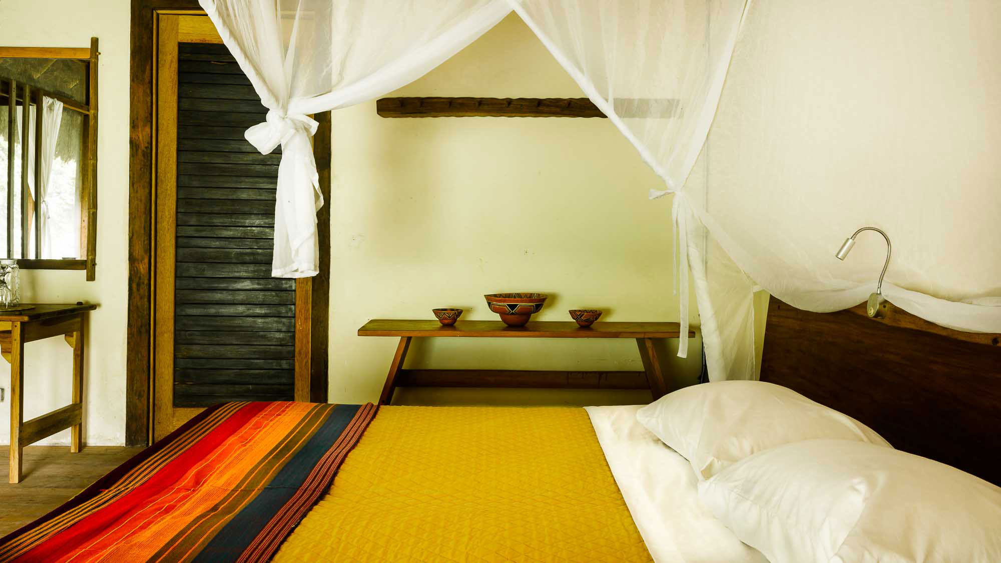 The interior of one of the bungalows at the Kapawi Ecolodge.