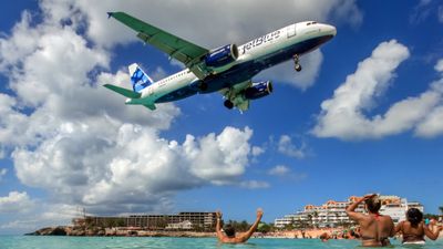 A JetBlue plane comes in for a landing in St. Maarten.