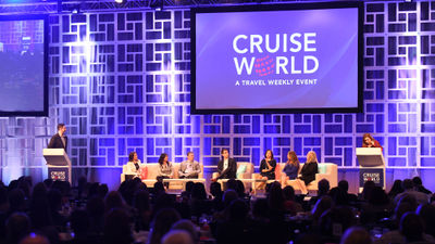 Panelists on the Mastermind Leadership Panel discussion, from left: Katina Athanasiou of Silversea Cruises; Kris Endreson of MSC Cruises; Anthony Meloro of Royal Caribbean; Todd Hamilton of Norwegian Cruise Line; Dondra Ritzenthaler of Celebrity Cruises; Carmen Roig of Princess Cruises; and Janet Wygert of Carnival Cruise Line and was moderated by Danny Genung and Mary Pat Sullivan.