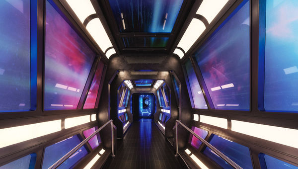 The entrance to the Galaxy Pavilion, a futuristic game center.