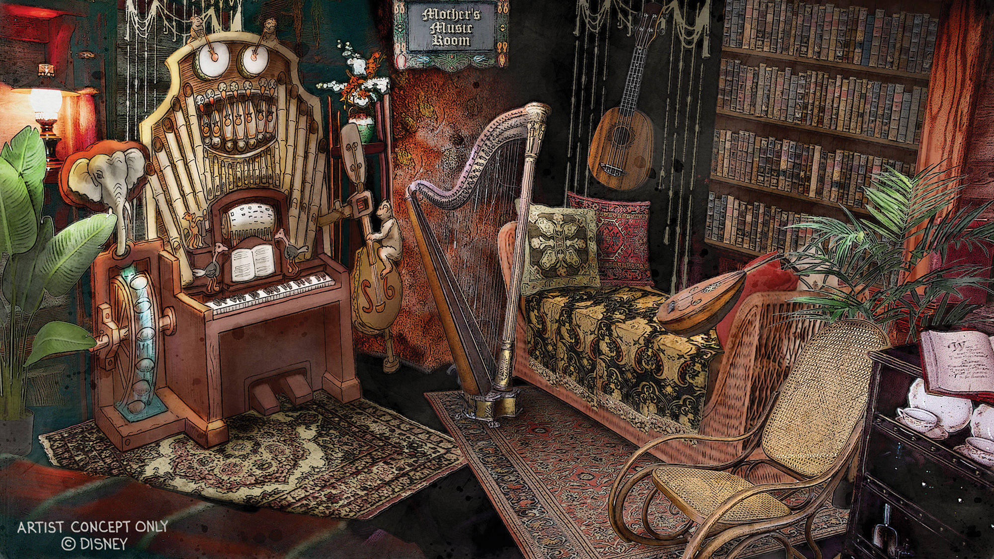 A rendering of Mother's Music Room in the Adventureland Treehouse at Disneyland.