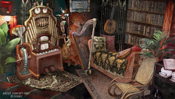 A rendering of Mother's Music Room in the Adventureland Treehouse at Disneyland. A rendering of Mother's Music Room in the Adventureland Treehouse at Disneyland.