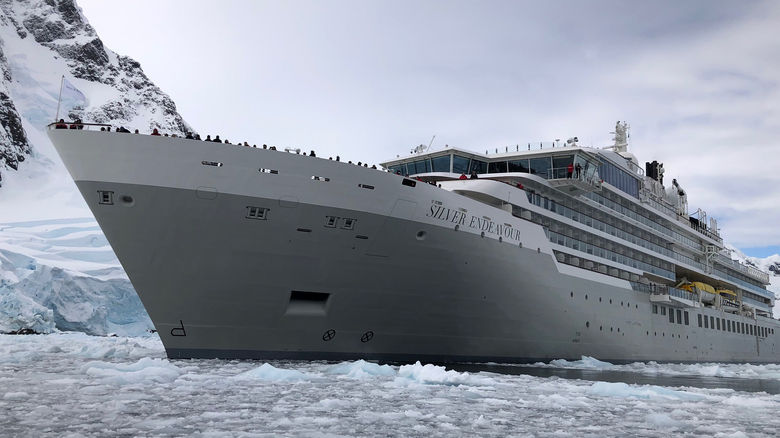 The Silver Endeavour now sailing in Antarctica was repainted in gray and off-white after being acquired by Silversea Cruises.