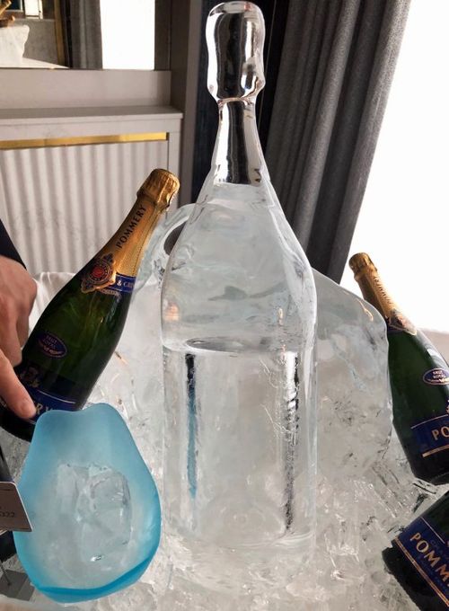 A sculpted ice bottle similar to the one used to rename the Silver Endeavour in Antarctica.
