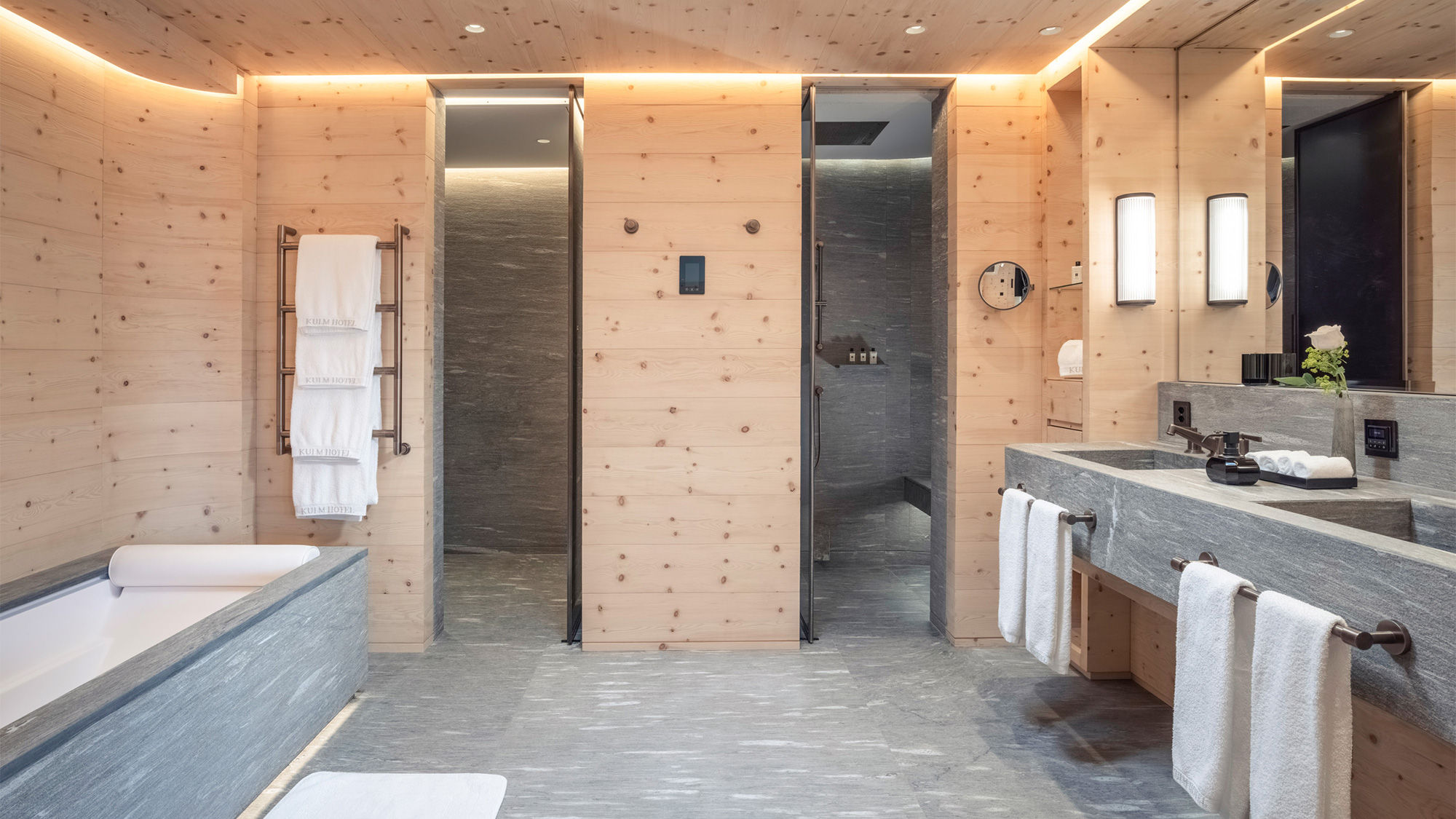 The bathroom of the renovated Corvatsch Suite at the Kulm Hotel St. Moritz.