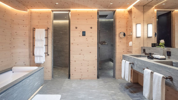 The bathroom of the renovated Corvatsch Suite at the Kulm Hotel St. Moritz. The bathroom of the renovated Corvatsch Suite at the Kulm Hotel St. Moritz.