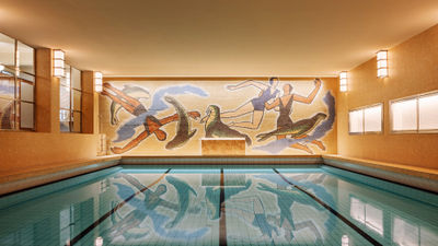 Vestkantbadet's swimming pool, which features a mural created by Norwegian artist Per Krohg.