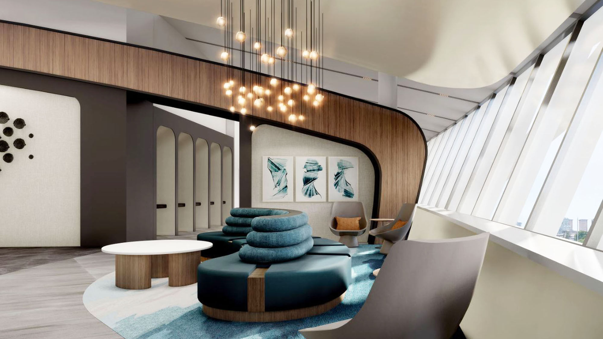 Rendering of new Sky Club lounge in Boston Logan International’s E Concourse, due to open late summer 2023.