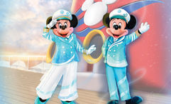 Mickey and Minnie in Disney Cruise Line 25th anniversary attire.