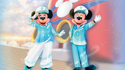 Mickey and Minnie in Disney Cruise Line 25th anniversary attire.