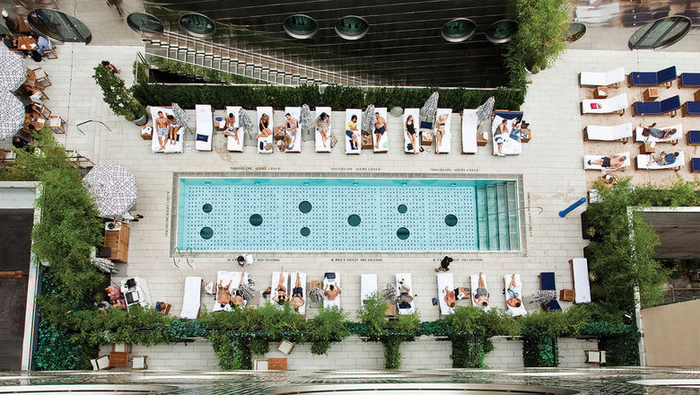 An aerial view of the pool at the Dream Hotel Downtown in New York City.