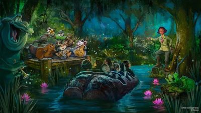 An artist's concept of the Tiana’s Bayou Adventure ride in the Magic Kingdom.
