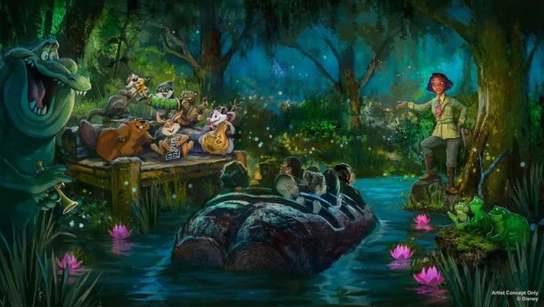 An artist's concept of the Tiana’s Bayou Adventure ride in the Magic Kingdom.
