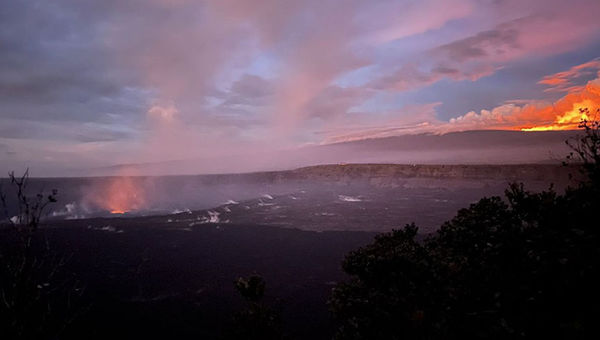 A view of the Kilauea eruption on the left and Mauna Loa eruption on the right can be seen at the Hawaii Volcanoes National Park.