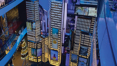 The MSC Seascape includes a replica Times Square, complete with screens showing blue skies and moving clouds.