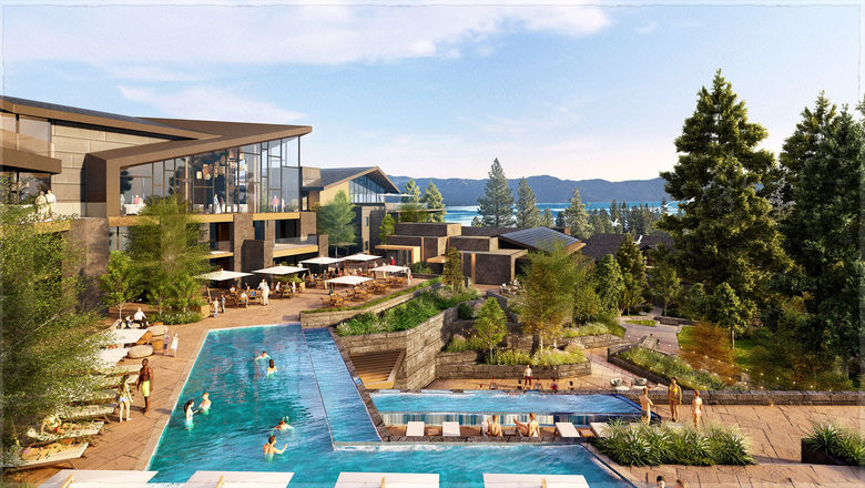 A rendering of the Waldorf Astoria Lake Tahoe, expected to open in 2027 on 15 acres of lakefront property in Nevada.