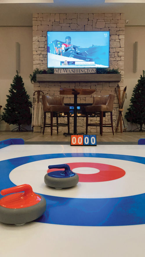A ski-inspired lounge area and curling rink at the Pelham House Resort. A ski-inspired lounge area and curling rink at the Pelham House Resort.