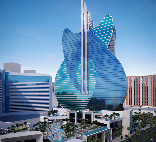 The Hard Rock's guitar-shaped tower will rise where the Mirage's volcano currently resides. The Hard Rock's guitar-shaped tower will rise where the Mirage's volcano currently resides.