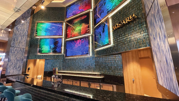 The ship's Aquaria Bar features ocean-themed glass murals salvaged from the Carnival Victory.