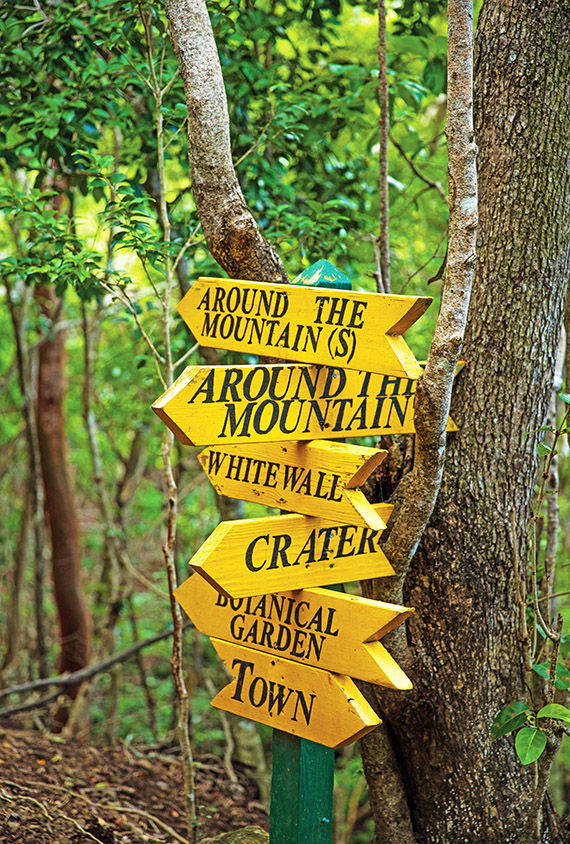 A trail sign points the way to various destinations on the island.