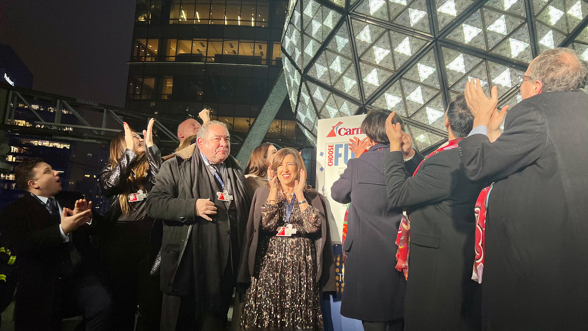 Carnival president Christine Duffy and the line’s chief culinary officer, Emeril Lagasse, flipped the switch to light up the Times Square Ball.