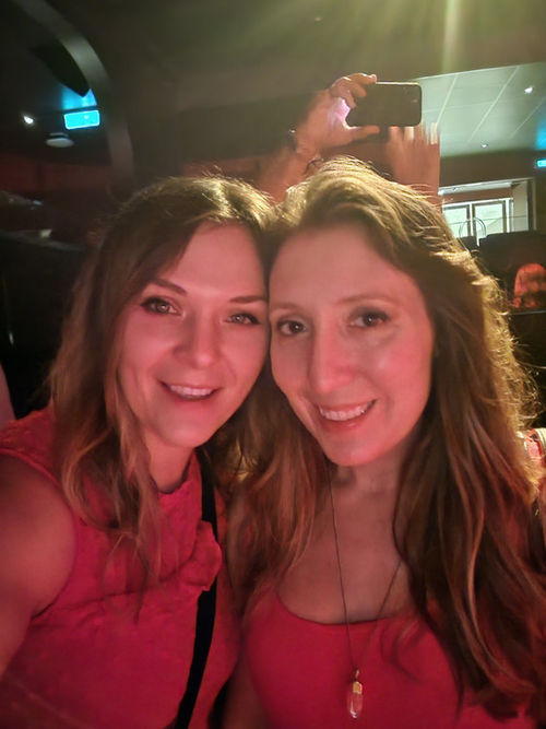 Cruise editor Andrea Zelinski, right, with her sister, on the Valiant Lady. Cruise editor Andrea Zelinski, right, with her sister, on the Valiant Lady.
