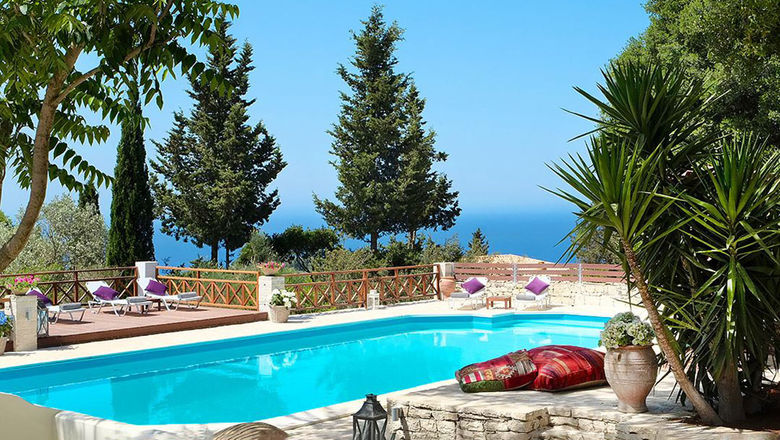 A pool area at the Purple Apricot Hotel on the Greek island Paxos.