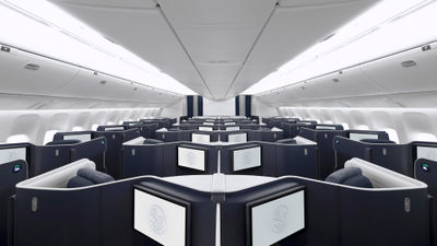 The new business-class cabin includes 48 seats that also all have direct aisle access and sliding doors for privacy.
