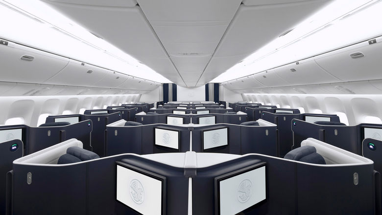 The new business-class cabin includes 48 seats that also all have direct aisle access and sliding doors for privacy.