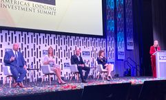 At an ALIS panel discussion, from left: Ryan Meliker of Lodging Analytics Research & Consulting; Amanda Hite of STR; Michael Grove of HotStats; Cindy Estis Green of Kalibri Labs; and, standing, Leeny Oberg of Marriott International.