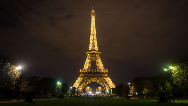 The Eiffel Tower lit up in the evening.