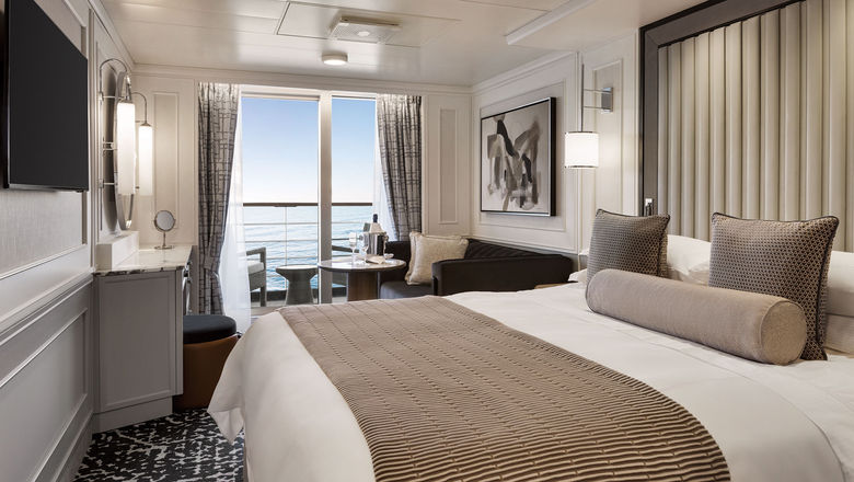 The Consierge Level Veranda Stateroom on the newly refurbished Oceania Riviera, which will sail in the Asia-Pacific Region during the 2023-24 season.