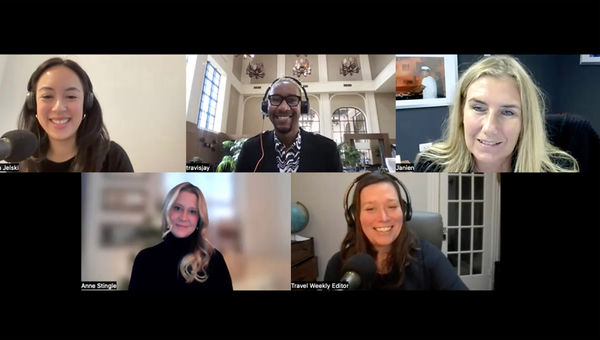 Clockwise from top left: Senior editor Christina Jelski; Travis Jay Wilson of the Marriott Marquis San Diego Marina; Janien Huistra of the Renaissance Aruba; host Rebecca Tobin; and Anne Stingle of Rebel Hotel Company on a Folo by Travel Weekly episode focused on how bleisure and blended travel has changed hotels.