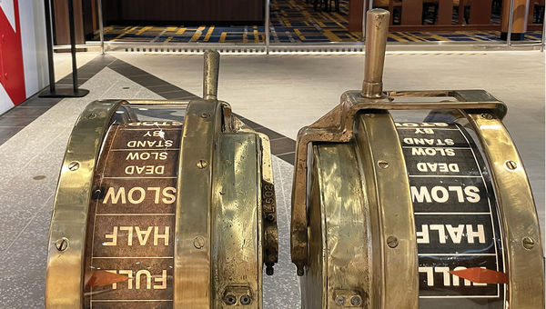 A brass telegraph from the bridge of the 1956-built Carnivale, among the items salvaged by the writer.