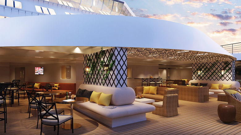 A rendering of the Luna Lounge, a crew space on the Celebrity Beyond designed by Nate Berkus.