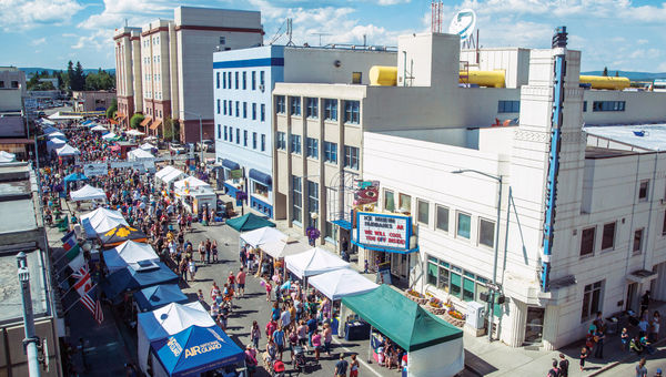 Downtown Fairbanks during the Midnight Sun Festival, which is held in June during the summer solstice. Downtown Fairbanks during the Midnight Sun Festival, which is held in June during the summer solstice.