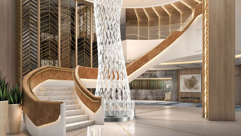 A rendering of the grand staircase Oceania's Allura.