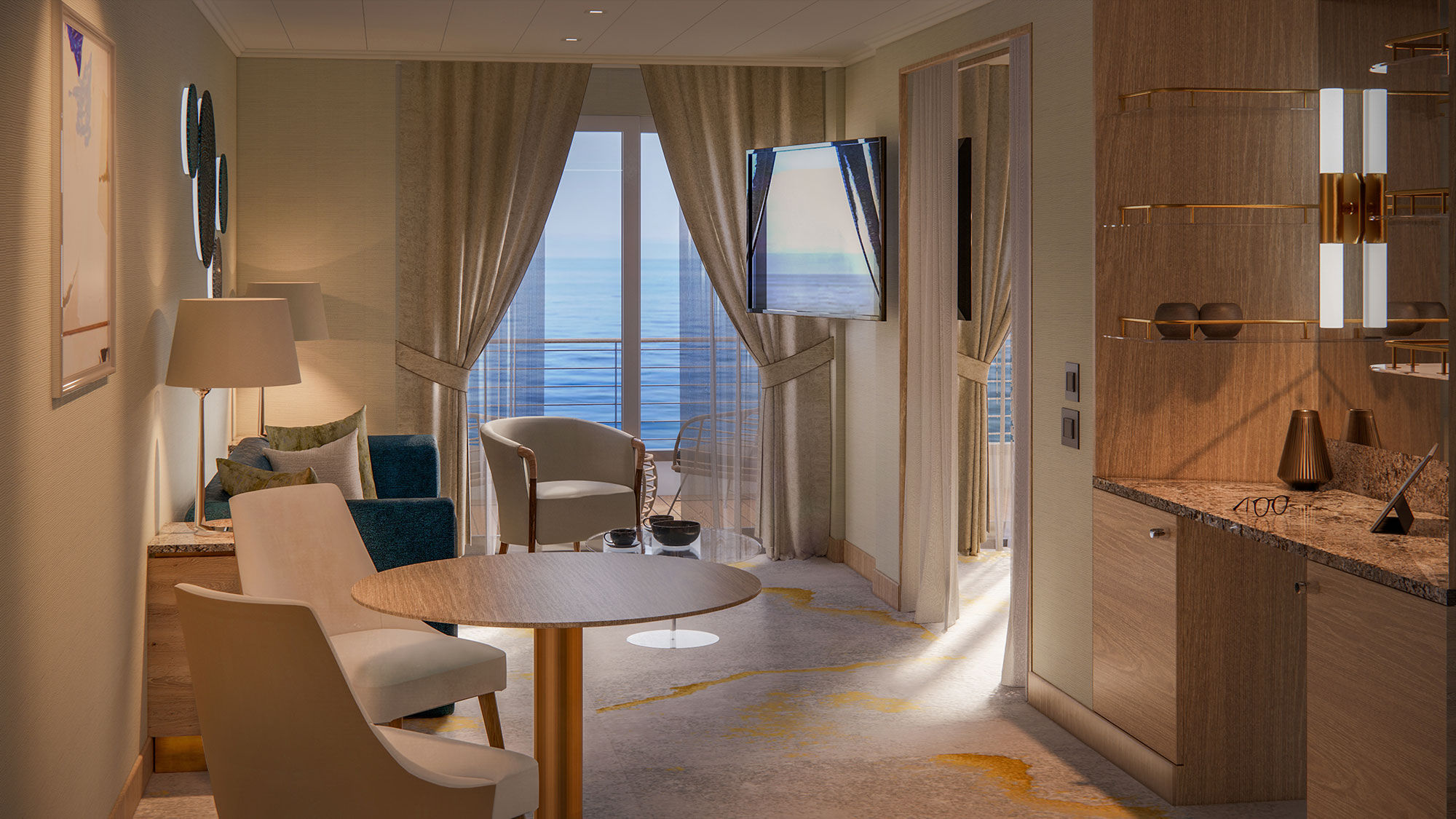 The living area in a Sapphire Veranda Suite on the Crystal Symphony.