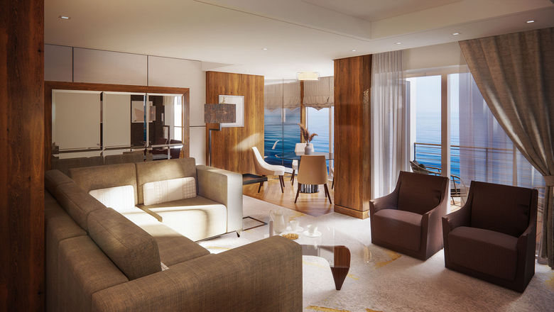 Rendering of the living room of the Penthouse Suite on the Crystal Serenity. The ship will host a world cruise in 2024.
