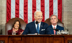 President Joe Biden gives his State of the Union address on Feb. 7. He is flanked by Vice President Kamala Harris and House speaker Kevin McCarthy.