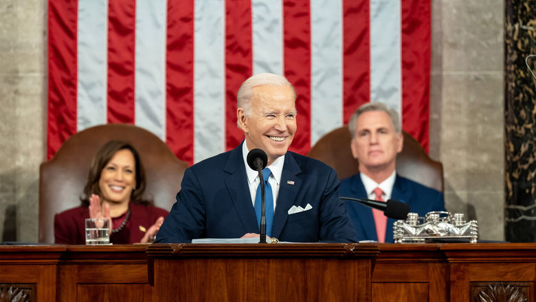 President Joe Biden gives his State of the Union address on Feb. 7. He is flanked by Vice President Kamala Harris and House speaker Kevin McCarthy.