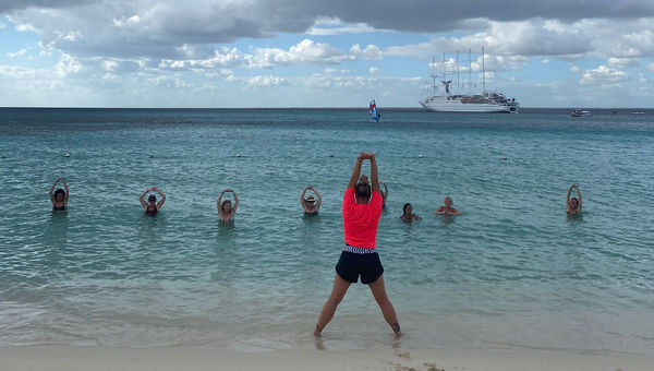 Club Med 2's dance choreographer leads an Aquazumba class on Catalina Island in the Dominican Republic.