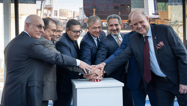 Explora Journeys and MSC Group executives at the coin-laying ceremony for the Explora II. Explora Journeys and MSC Group executives at the coin-laying ceremony for the Explora II.